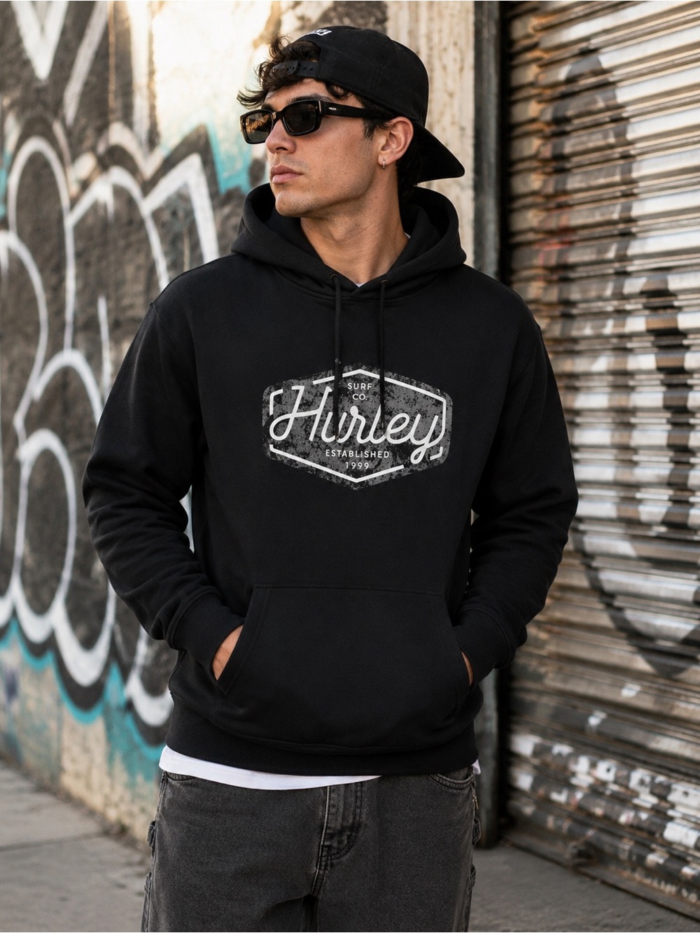 Hurley Surf Co Established 1999 Black Graphic Pullover Hoodie Size Small